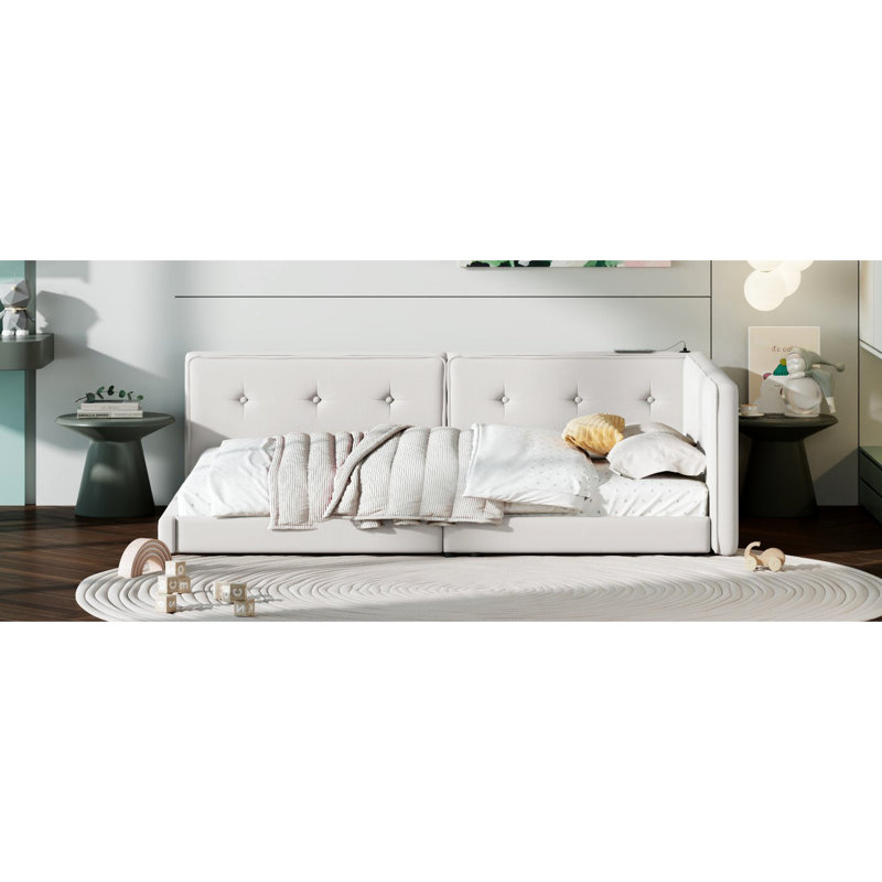 Lit double tapissier avec ports et une expérience de sommeil confortable dans une belle conception beige, Lit double, Beige