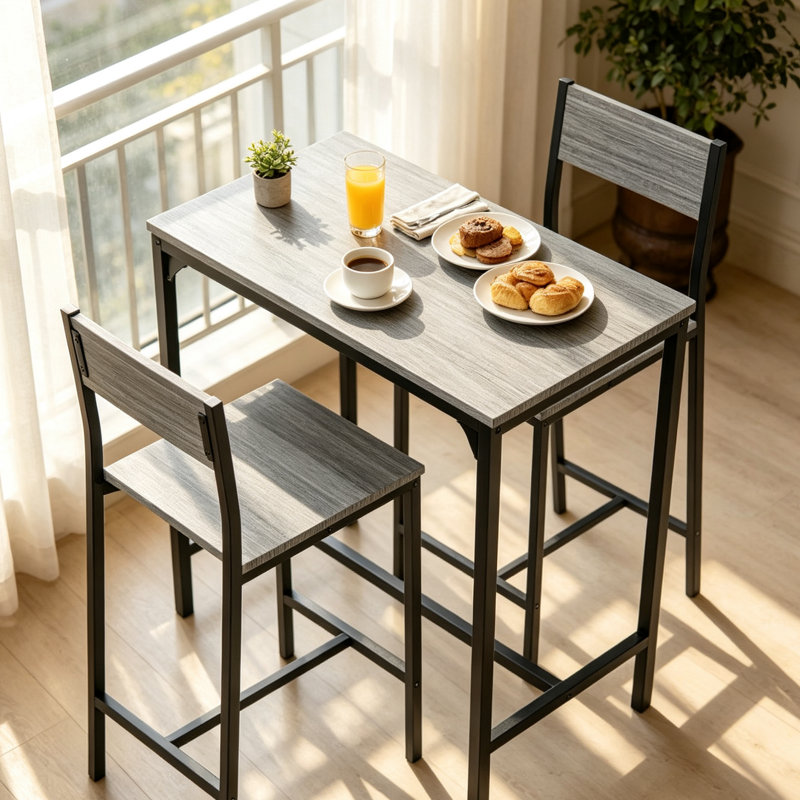 Table de salle à manger 3 pièces à hauteur de comptoir avec tabourets de bar, table de petit déjeuner en bois et acier gris industriel, ensemble bistro de cuisine peu encombrant pour appartement, patio et petits espaces