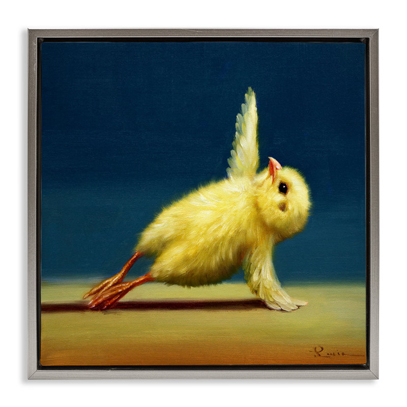 Poussin jaune qui s'étend du yoga, Cadre flottant gris lustré, H 25 po x l 25 po