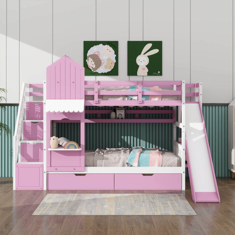 Lit superposé double de style château avec 2 tiroirs et 3 glissières, Rose
