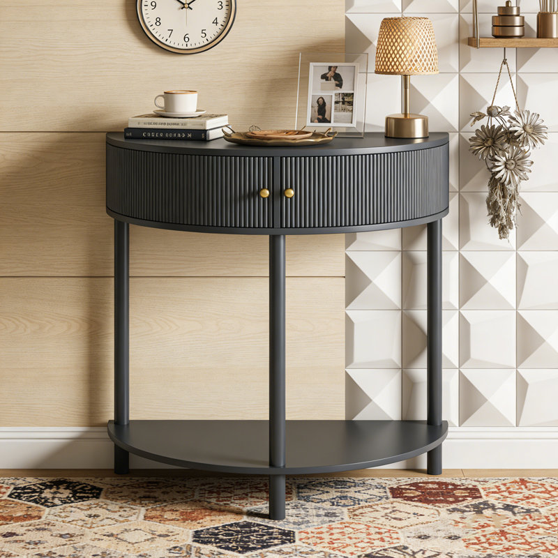 Console Table de bout demi-lune avec 2 tiroirs de rangement et tablette inférieure pour le salon, la chambre à coucher, le bureau et le couloir