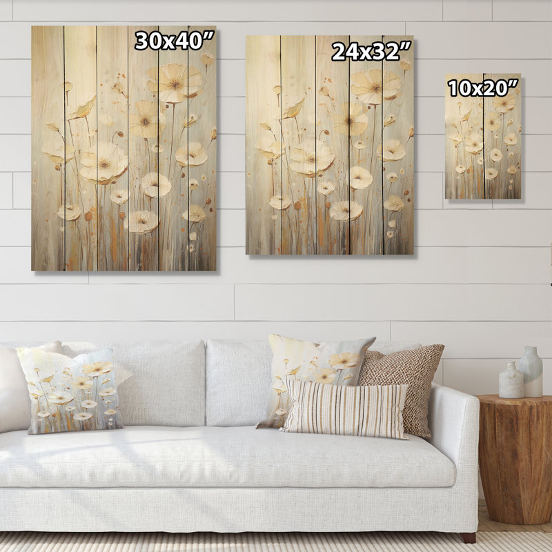 Minimalisme renoncules sur beige - Art mural en bois sur bois de pin naturel, H 32 po x l 24 po