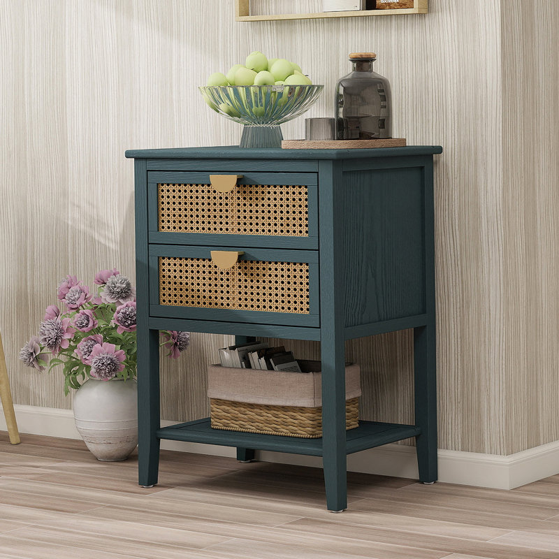 Table d'appoint à deux tiroirs en rotin naturel, table de bout idéale pour la chambre à coucher, le salon et le bureau