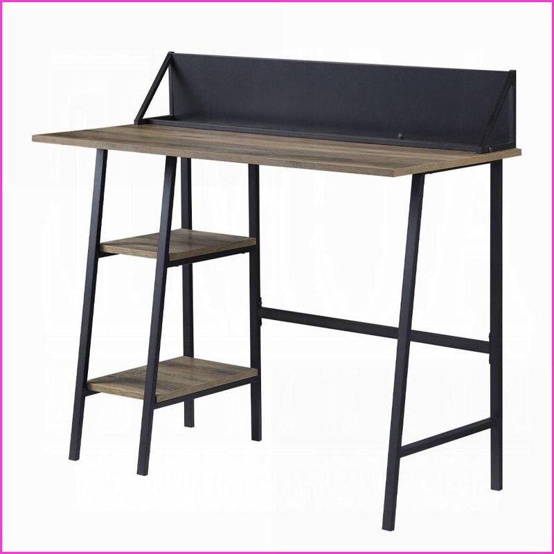 Bureaux, chêne rustique industriel moderne & amp; Bureau d'écriture noir à 2 tablettes avec base en H et amp; Support de téléphone | H 30 po x l 43 po x P 20 po | Chêne, panneau de particules et panneau de fibres à densité moyenne