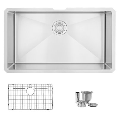Stylish Undermount 30" Single Bowl Stainless Steel Kitchen Sink with Grid and Strainer