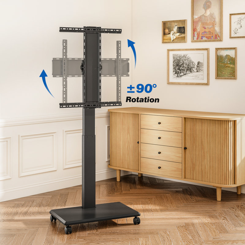 Hand Crank Lift Mobile Tv Cart, 42-75 Inch Rolling Tv Stand With 90° Rotation, 110 Lbs Capacity, Black