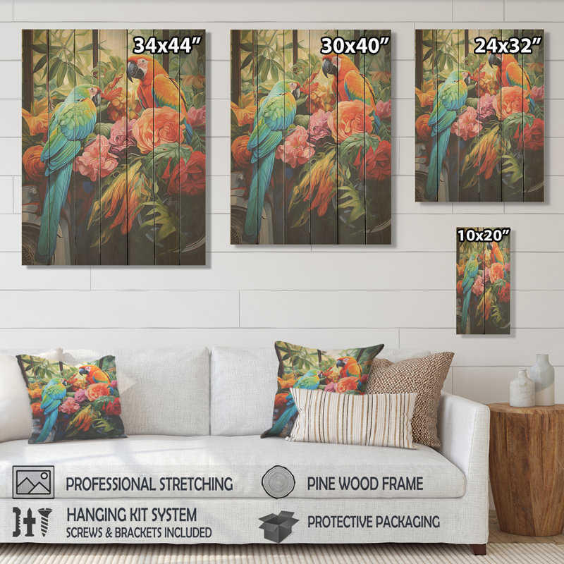 «Blue Parrot Jungle Paradise» - impression de perroquet sur bois, H 40 po x l 30 po