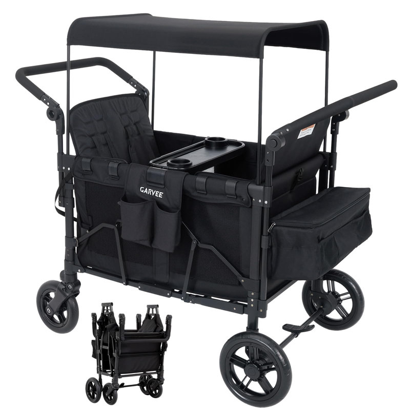Poussette 4 places pour chariot - Tout-terrain de qualité supérieure pour enfants avec plateau de collation Canopée amovible Chariot à quatre places avec plateaux États-Unis Noir