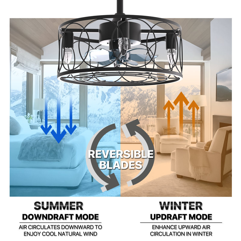 Black 18" Iron Caged Ceiling Fan with LED Light and Remote