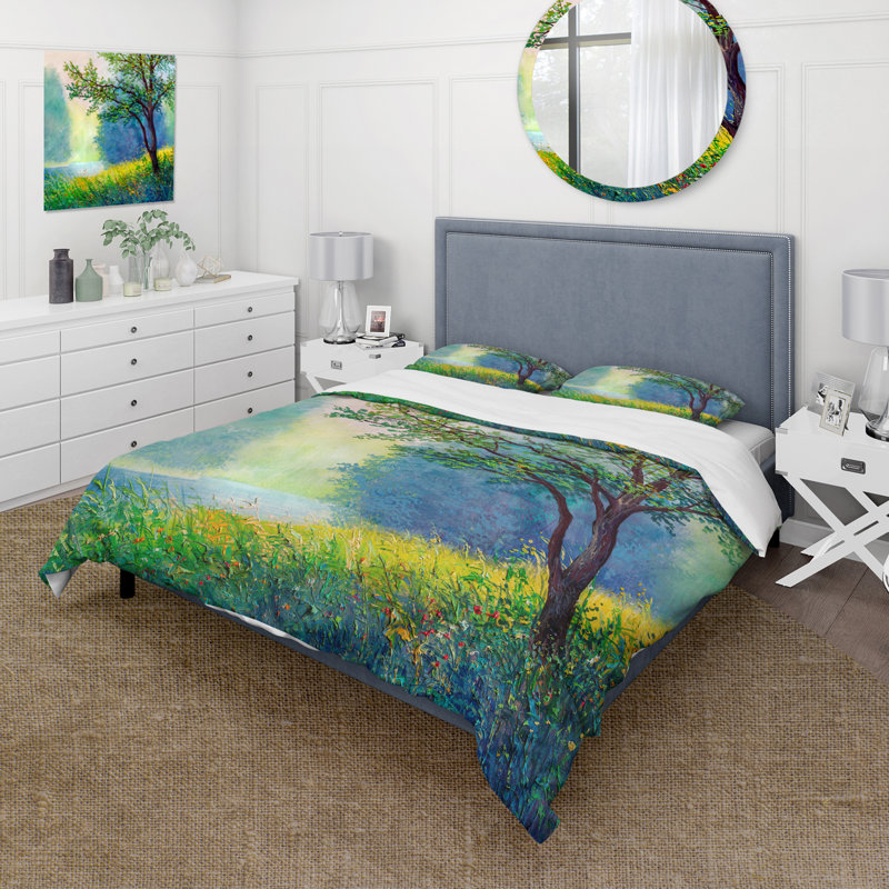 Forêt d'été avec rivière et cascade - ensemble de housse de couette traditionnel - microfibre de polyester