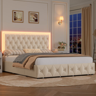Ancuta Velvet Upholstered Platform Bed with RGB LED Lighting and Storage Drawers