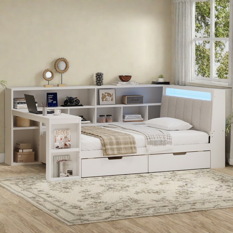 Lit de jour avec rangement et tête de lit tapissier avec rangement, Lit simple, Blanc