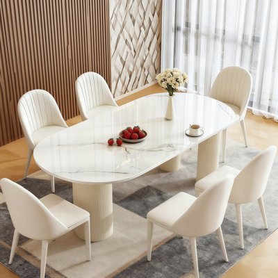 Cream Toned Oval Marble Dining Table, Seats 6 people by estatesplendor