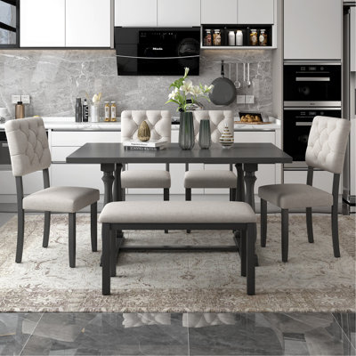 6-Piece Dining Table and Chair Set with Special-shaped Legs and Foam-covered Seat Backs&Cushions for Dining Room (Gary)