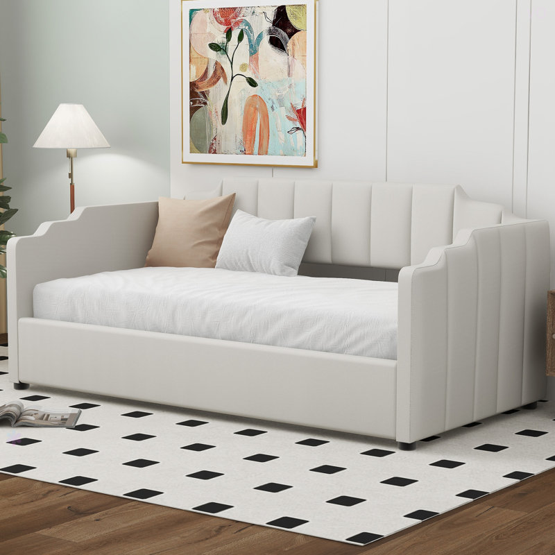 Lit de jour rembourré avec rangement inférieur, Beige, Lit simple
