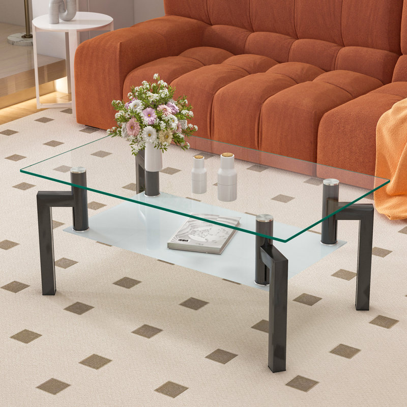 Modern Side Table With Black Glass And Ample Storage Capacity Rectangle Coffee Table, Surface Spacious