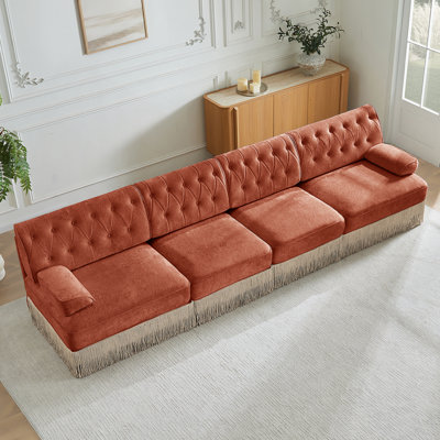 Soft Velvet Fabric Chesterfield Style Modular Sofa With Button Tufted Design, Tassel Skirt, And Easy Assembly For Modern Living
