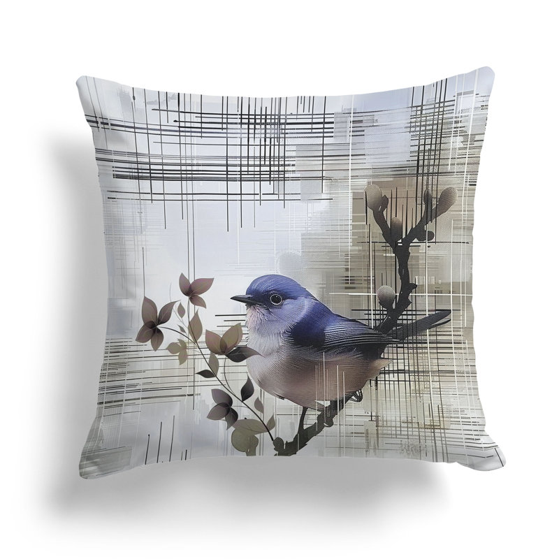 Coussin décoratif oiseau sur une branche, H 20 po x l 20 po, Bleu / Vert