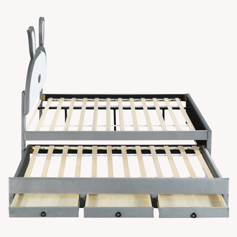 Aalaysia 3 Drawers Upholstered Platform Bed with Light Headboard and Trundle, Full, Gray