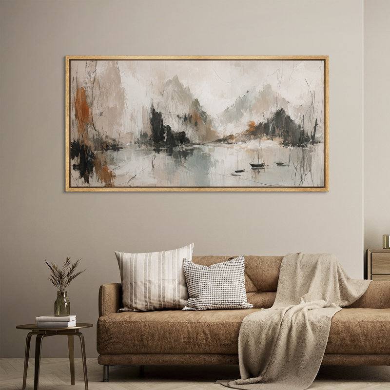 «Misty Mountain River Valley Foggy Nature Landscape», impression sur toile encadrée, 30" H x 60" W x 1.5" D, Natural