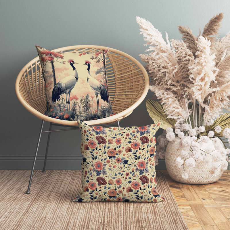 Coussin en faux suède Autumnal Cranes, Rose / crème / gris, Carré 16 po