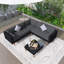 Ensemble de canapé d'extérieur en osier 4 pièces, ensemble de conversation pour patio avec coussins colorés, forme en L, table basse, deux coussins cylindriques, coussins gris et rotin noir