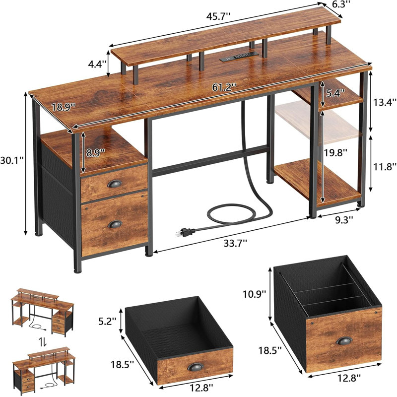 61" Desk With LED Light & Power Outlets, Reversible Computer Table With File Cabinet & Drawer, White Gaming Desk Writing Table With Dual Monitor Stand, For Home/Office