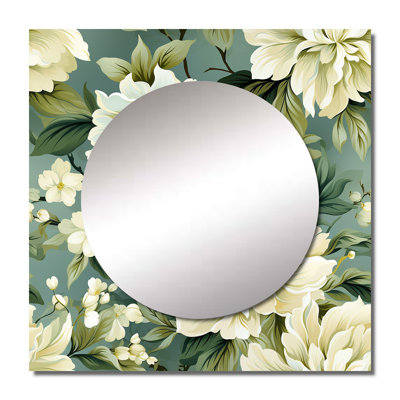 Beige And Green Peonies Damask Serenity - Floral Square Living Room Wall Mirror Art