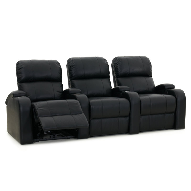 Upholstered Home Theater Seating with Cup Holder, Luxe Black Genuine Leather, Manual