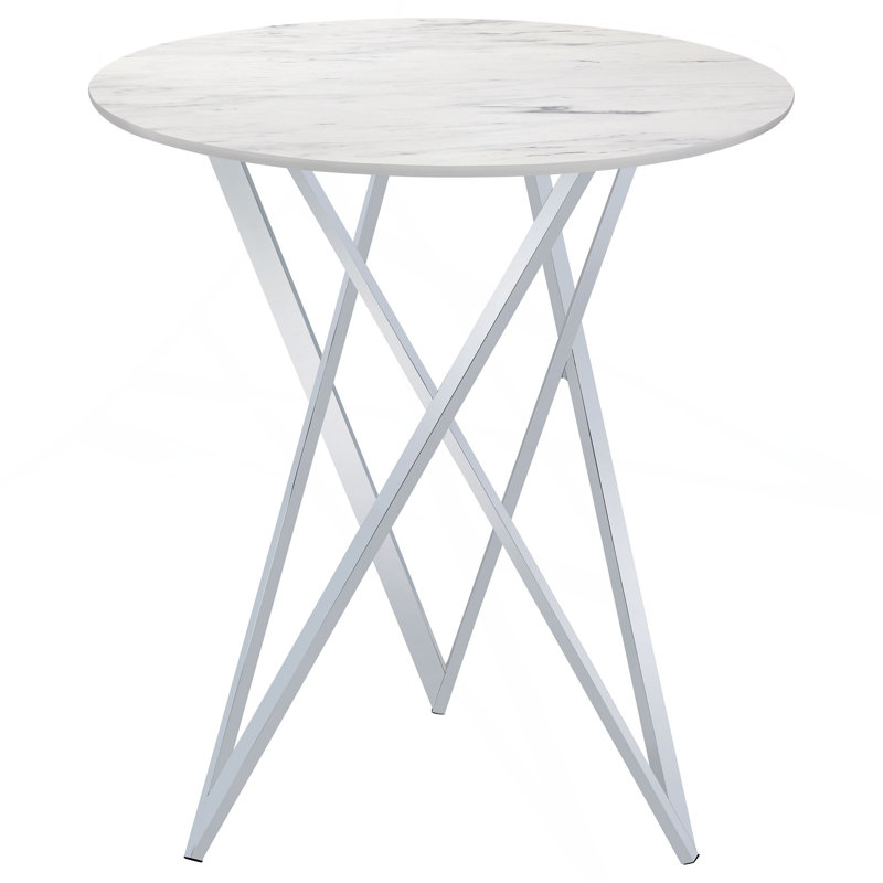 Halverson White And Chrome Faux Marble Round Top Bar Table