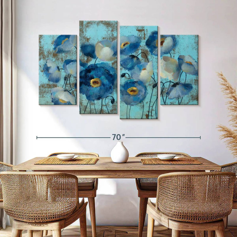 Aquamarine Floral On Blue, H 42 po x l 68 po
