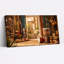 Tambour africain et statue en bois dans une cour ensoleillée, art mural sur toile 47 x 24 x 1,5 po