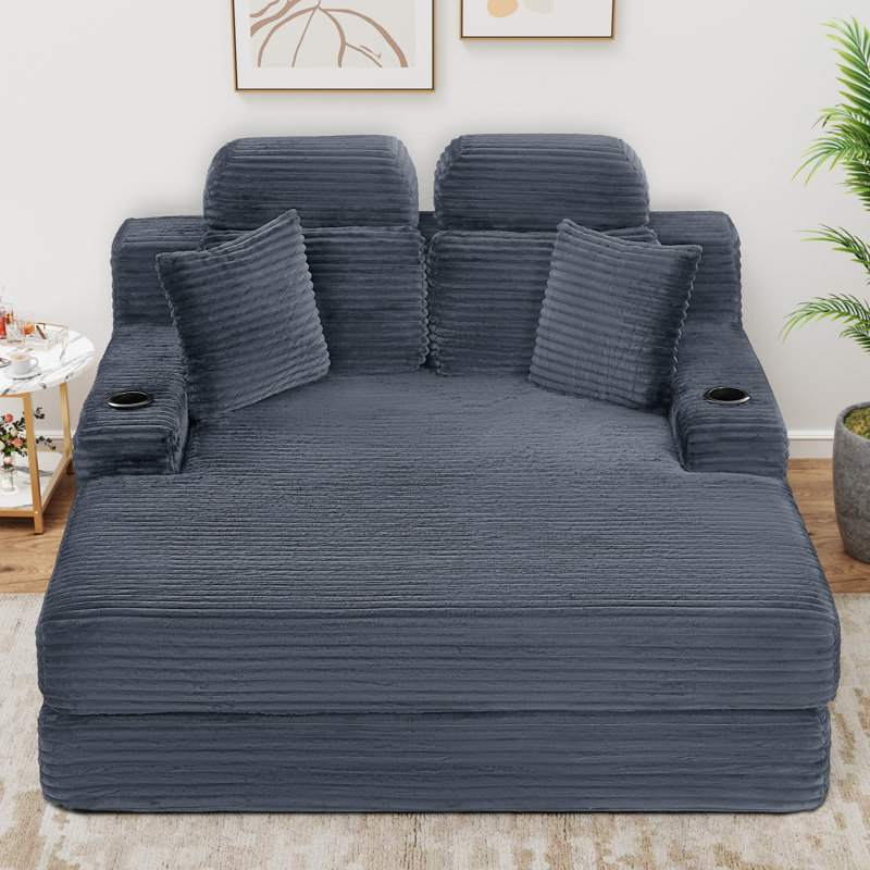 63.8" Oversized Compression Corduroy Chaise Lounge, Deep Seat Sleeper Sofa with Headrest, Cup Holder & Side Pocket, No Assembly Required
