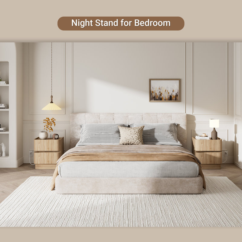  18" Nightstands with Rounded Corners, Modern Bedside Table with Charging Station, 2 Handleless Drawers End Table for Bedroom, Living Room