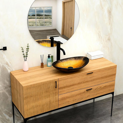 Bassin en verre trempé Graceful Gold avec bonde escamotable, bords arrondis lisses pour un lavage confortable, lavabo vasque de salle de bain exquis de 12 pouces de large, contrôle du débit d'eau intégré, x 18,6
