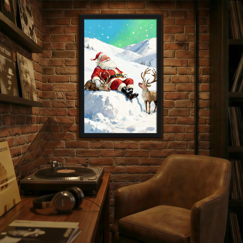 Noël père Noël se reposant avec un renne dans la neige, H 18 po x l 12 po
