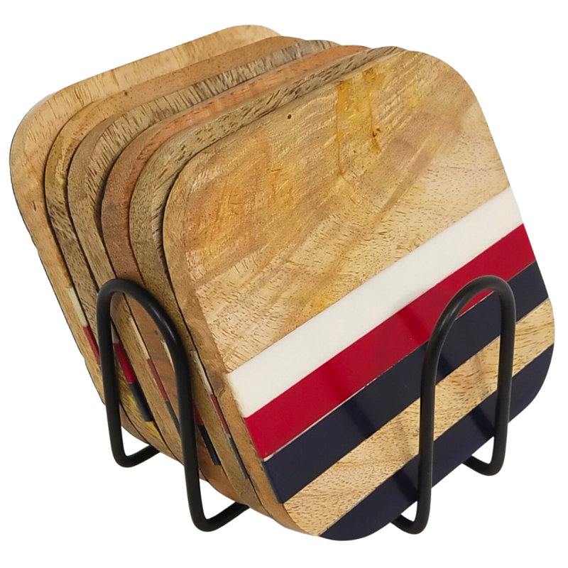 Ensemble de sous-verres géométriques en bois avec support, Brun, 3 bandes
