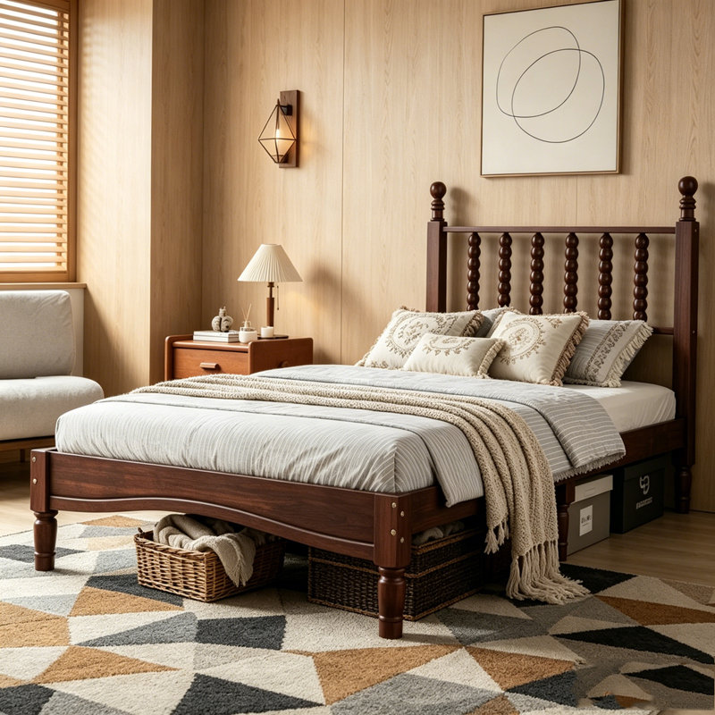 Lit plateforme en bois avec tête de lit en forme de gourde, Très grand lit, Noyer