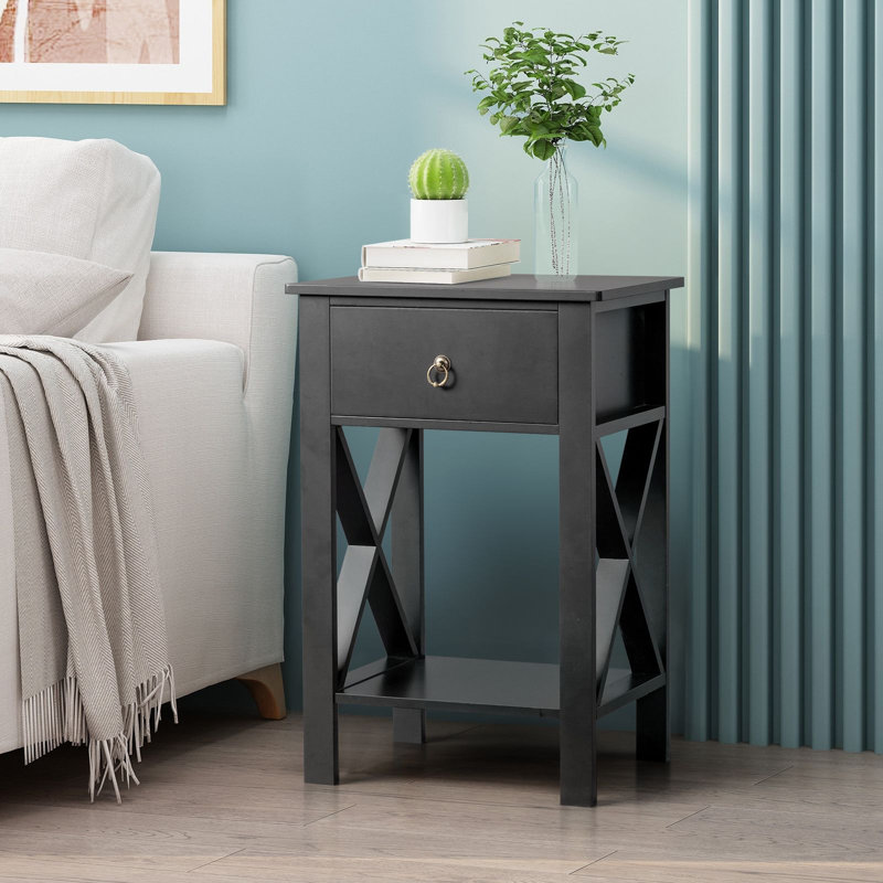 Grey Side Crossed Drawer Nightstand, Black, 2