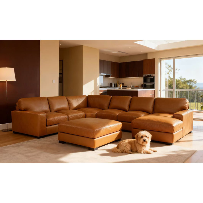 Canapé modulaire avec repose-pieds de gauche en cuir véritable de 139,5 po Antanisha, Cuir véritable brun clair caramel