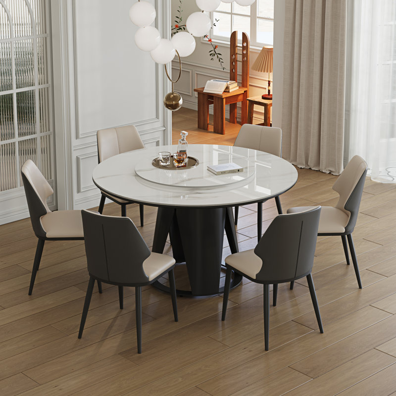 Table de salle à manger moderne en pierre frittée 59 po avec table tournante ronde de 35,4 po pour 6 à 8 personnes avec piédestal en métal exquis