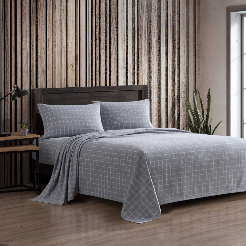Ensemble de draps 100% coton 200 fils, Ensemble de draps pour lit double avec 2 taies d'o, Tissu écossais gris