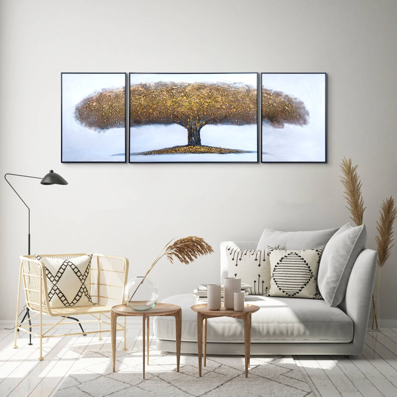 «Golden Tree Of Life Trio», grand art texturé empâtement sur toile 79 po