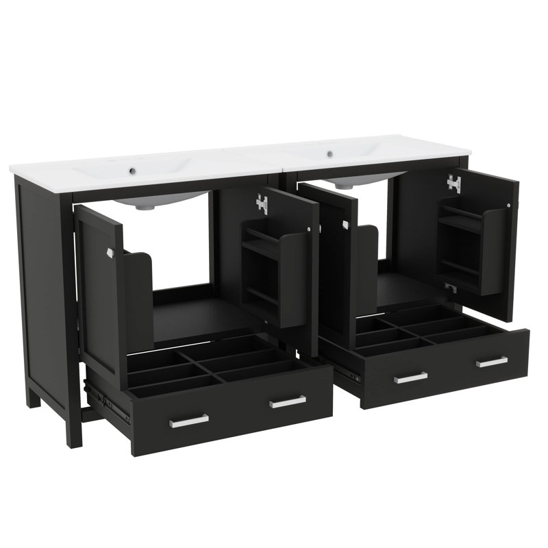 Elegant Bathroom Vanity Set With Vanities  Ceramic Sinks And Partitioned Drawers, 60", 4" Centerset, Black