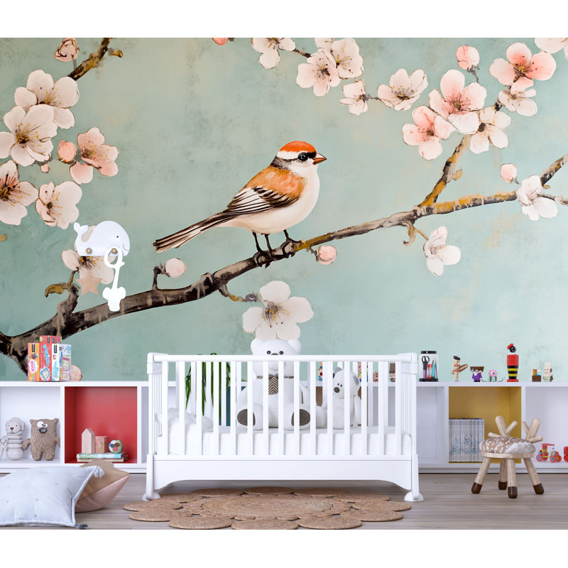 Murale oiseaux et fleurs - Papier peint de chambre de bébé fleur de cerisier, mur décoratif nature pour chambre ou chambre d'enfant Vn860 (Peel-N-Stick) VN860