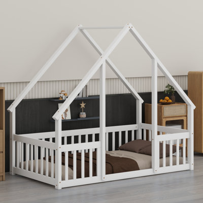 Natural Wood House-Shaped Toddler Bed With Protective Side Rails