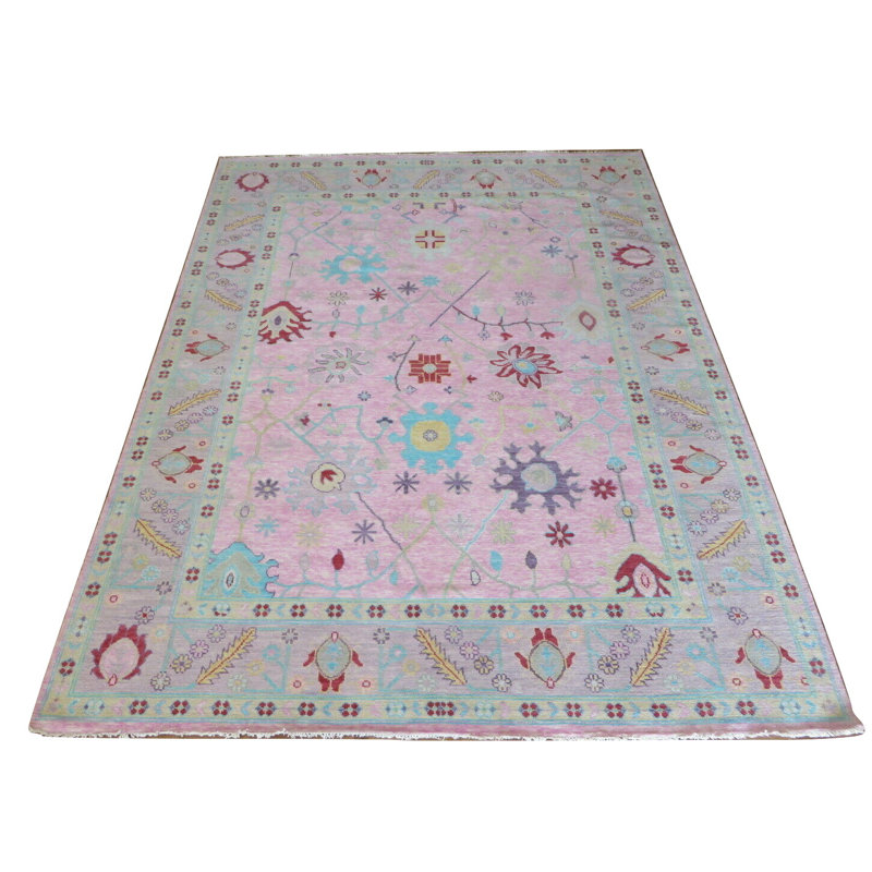Tapis unique en laine noué à la main rose / bleu sarcelle de 10 pi 3 po x 14 pi 3 po Corentin