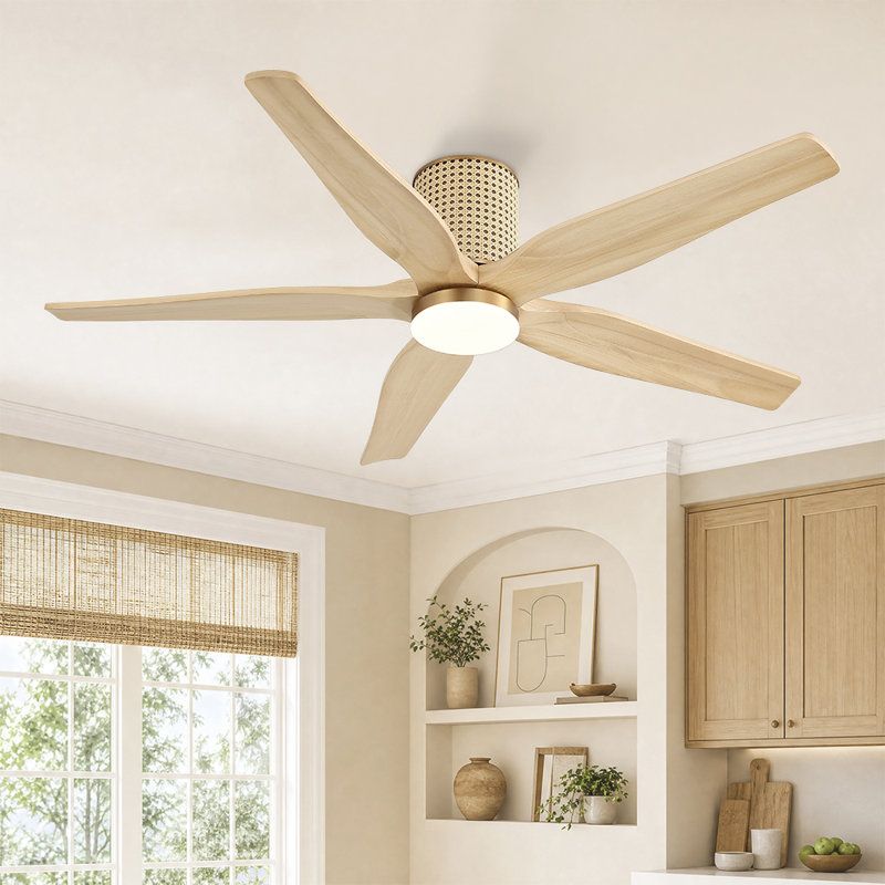 Ventilateur de plafond encastré de 54 po à 5 pales avec éclairage, pales en bois massif, télécommande, silencieux, moteur à courant continu réversible, pales en bois naturel