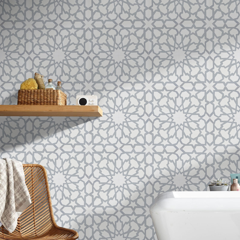 Bahja 8" x 8" Cement Patterned Wall & Floor Tile, White/Gray