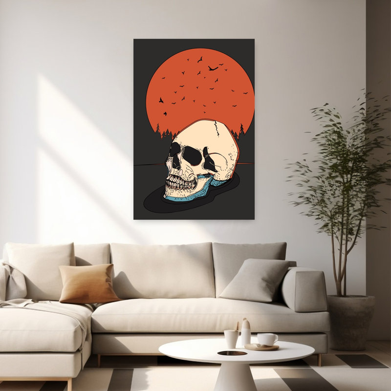 Crâne sous lune orange, style gothique abstrait contemporain, oiseau, forêt, coucher de soleil, affiche murale